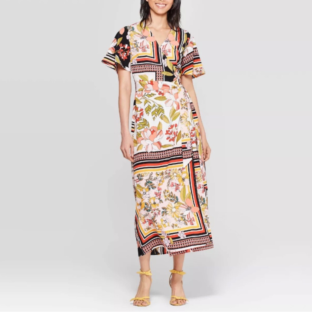 Who What Wear Floral Patchwork Midi Dress in Black, Pink, Yellow